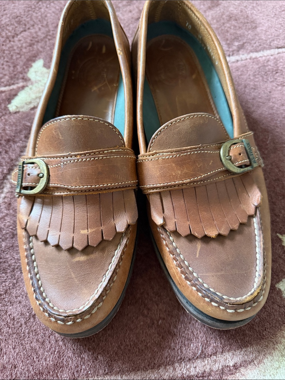 HSTrask hand sewn Tan Leather Kiltie Buckle Slip-On Loafers